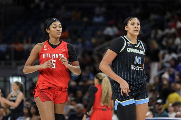 CHICAGO, USA - June 9: Angel Reese (5 Atlanta Dream) and Kamilla Cardoso (10 Chicago Sky) are seen during the WNBA, Basketball Damen, USA Commissionerâ€™s Cup game between the Chicago Sky and Atlanta Dream at Wintrust Arena on Tuesday, June 9 in Chicago, USA  Copyright: xShainaxBenhiyoun SPPx Sportspressphoto_SPR164207