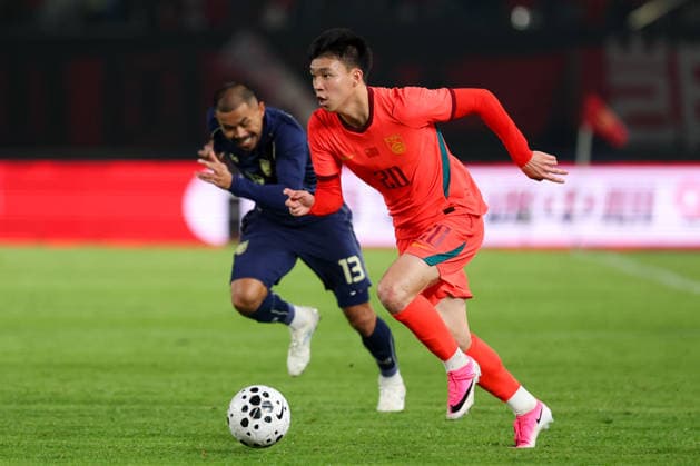 JINHUA, CHINA - JUNE 09: Wang Yudong of Team China drives the ball during CFA Team China International Football Competition Jinhua 2026 between China and Thailand at Jinhua Sports Centre Stadium on June 9, 2026 in Jinhua, Zhejiang Province of China.  Copyright: xWuxZhizhaox 111647165110