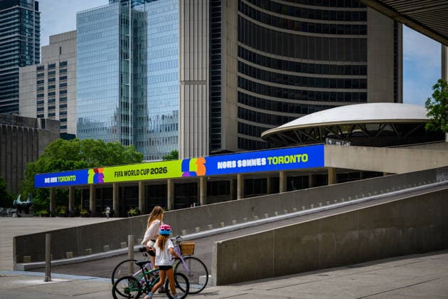 TORONTO, CANADA - JUNE 09: Banners and decorations promoting the upcoming 2026 FIFA World Cup, WM, Weltmeisterschaft, Fussball are seen at a square in downtown Toronto on June 9, 2026 in Toronto, Canada. The FIFA World Cup 2026 will kick off with an opening match in Mexico City on June 11.  Copyright: xVCGx 111647269404