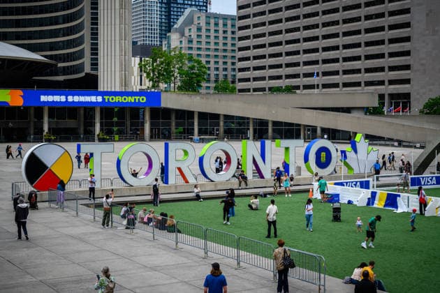 TORONTO, CANADA - JUNE 09: Banners and decorations promoting the upcoming 2026 FIFA World Cup, WM, Weltmeisterschaft, Fussball are seen at a square in downtown Toronto on June 9, 2026 in Toronto, Canada. The FIFA World Cup 2026 will kick off with an opening match in Mexico City on June 11.  Copyright: xVCGx 111647269394