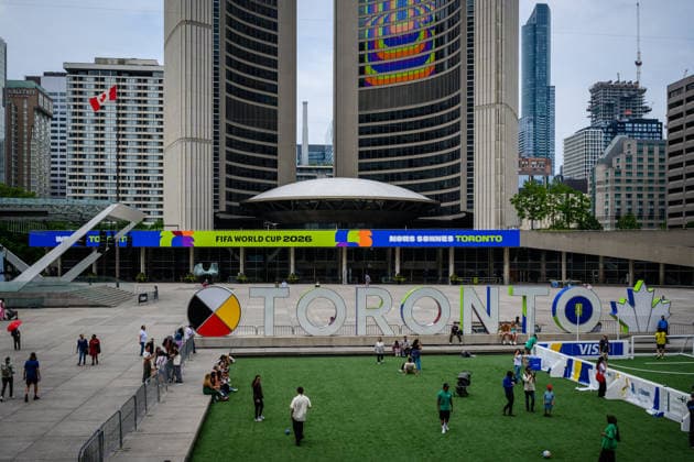 TORONTO, CANADA - JUNE 09: Banners and decorations promoting the upcoming 2026 FIFA World Cup, WM, Weltmeisterschaft, Fussball are seen at a square in downtown Toronto on June 9, 2026 in Toronto, Canada. The FIFA World Cup 2026 will kick off with an opening match in Mexico City on June 11.  Copyright: xVCGx 111647269395