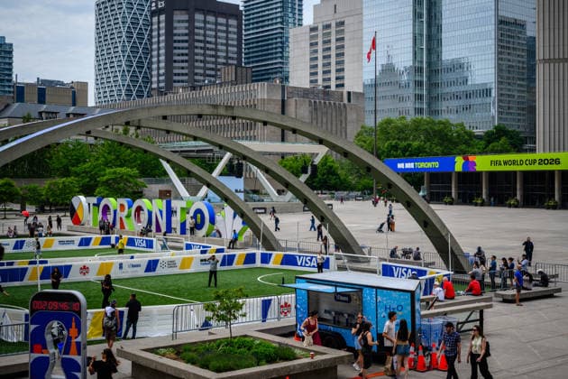 TORONTO, CANADA - JUNE 09: Banners and decorations promoting the upcoming 2026 FIFA World Cup, WM, Weltmeisterschaft, Fussball are seen at a square in downtown Toronto on June 9, 2026 in Toronto, Canada. The FIFA World Cup 2026 will kick off with an opening match in Mexico City on June 11.  Copyright: xVCGx 111647269399