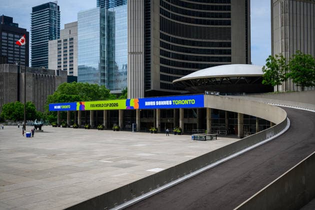 TORONTO, CANADA - JUNE 09: Banners and decorations promoting the upcoming 2026 FIFA World Cup, WM, Weltmeisterschaft, Fussball are seen at a square in downtown Toronto on June 9, 2026 in Toronto, Canada. The FIFA World Cup 2026 will kick off with an opening match in Mexico City on June 11.  Copyright: xVCGx 111647269400