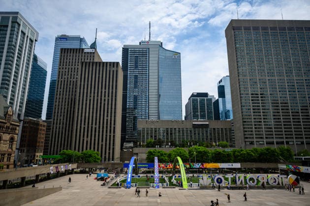 TORONTO, CANADA - JUNE 09: Banners and decorations promoting the upcoming 2026 FIFA World Cup, WM, Weltmeisterschaft, Fussball are seen at a square in downtown Toronto on June 9, 2026 in Toronto, Canada. The FIFA World Cup 2026 will kick off with an opening match in Mexico City on June 11.  Copyright: xVCGx 111647269401