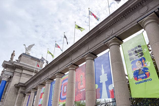 Toronto Prepares For FIFA World Cup, WM, Weltmeisterschaft, Fussball 2026 At Exhibition Place FIFA World Cup 2026 banners hang from the Princes Gates at Exhibition Place in Toronto, Ontario, Canada, on June 9, 2026. Toronto is preparing to host matches during the FIFA World Cup 2026. Toronto Canada  Copyright: xIndrawanxKumalax originalFilename:kumala-notitle260609_npM3l.jpg