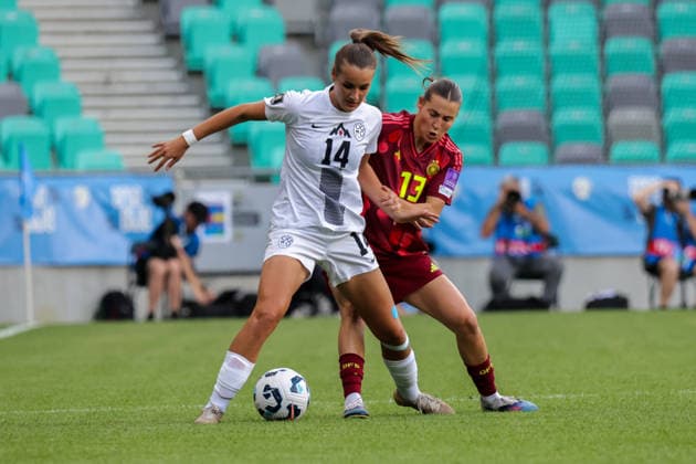 09.06.2026, xgrfx, Fussball WM Qualifikation Frauen, Slowenien - Deutschland v.l. Tinkara Testen (Slowenien), Carlotta Wamser (Deutsche Frauennationalmannschaft) (DFL DFB REGULATIONS PROHIBIT ANY USE OF PHOTOGRAPHS as IMAGE SEQUENCES and or QUASI-VIDEO) Ljubljana