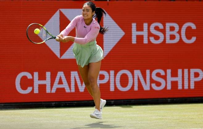 RECORD DATE NOT STATED 10th June 2026; HSBC Championships, Queens Club, West Kensington, London, England; HSBC Championships Tennis, Day One; Alexandra Eala (PHI) plays a backhand shot against va Jovic (USA) HongboxChen