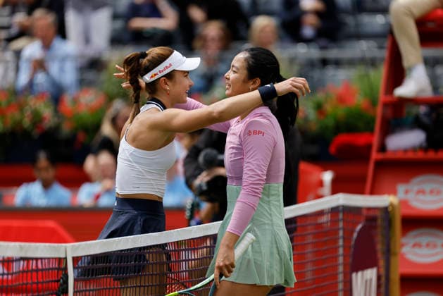 RECORD DATE NOT STATED 10th June 2026; HSBC Championships, Queens Club, West Kensington, London, England; HSBC Championships Tennis, Day One; Alexandra Eala (PHI) congratulates Iva Jovic (USA) after the match HongboxChen