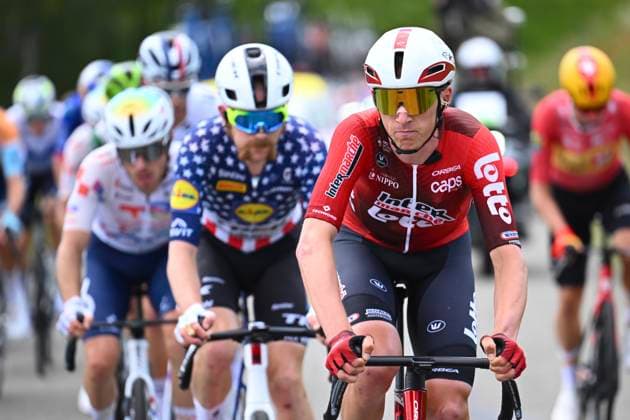 Tour Auvergne - Rhone-Alpes 2026 Stage 4 MONTROND-LES-BAINS, FRANCE - JUNE 10 : Craps Lars (BEL) of Lotto Intermarche, Simmons Quinn (USA) of Lidl - Trek during stage 4 of the 78th edition of Tour Auvergne - Rhone-Alpes an UCI World Tour 2.UWT cycling road race stage for Men Elite of 167.4 km with start in Le Puy-en-Velay and finish in Montrond-les-Bains on June 10, 2026 in Montrond-les-Bains, France, 10 06 2026 ( Motordriver Guy De Vuyst - Montrond-les-Bains France  Copyright: xVincentxKalutx