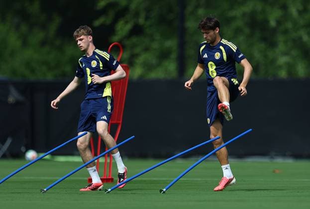 Tyler Fletcher of Scotland and Aaron Hickey of Scotland Scotland Training Session and press conference, PK, Pressekonferenz 2026 FIFA World Cup, WM, Weltmeisterschaft, Fussball Football, Atrium Health Performance Park, Charlotte, USA - 10 Jun 2026Charlotte Atrium Health Performance Park United States of America EDITORIAL USE ONLY No use with unauthorised audio, video, data, fixture lists, club league logos or live services. Online in-match use limited to 120 images, no video emulation. No use in betting, games or single club league player publications. Copyright: xMichaelxZemanek Shutterstockx 16919987k