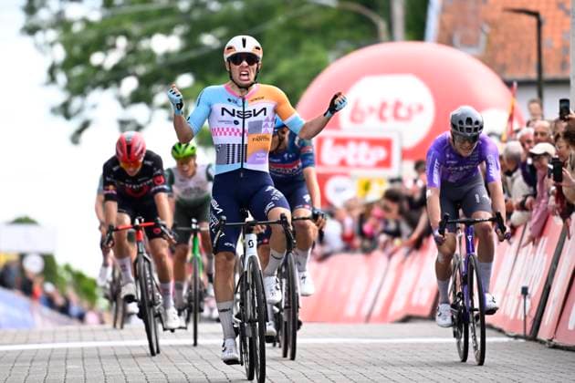 Circuit Franco Belge 2026 Cycling Race MONT-DE-L ENCLUS, BELGIUM - JUNE 10 : Strong Corbin (NZL) of NSN Cycling Team wins, second place for Foldager Anders (DEN) of Team Jayco AlUla, third place for Magnier Paul (FRA) of Soudal Quick-Step during the 85th edition of Circuit Franco Belge an UCI ProSeries 1.Pro one day cycling road race for Men Elite of 195.6 km with start in Tournai and finish in Mont-de-L enclus on June 10, 2026 in Mont-de-L enclus, Belgium, 10 06 2026 ( Motordriver Stephan Boone - Mont-de-L enclus Belgium  Copyright: xTomasxSiskx