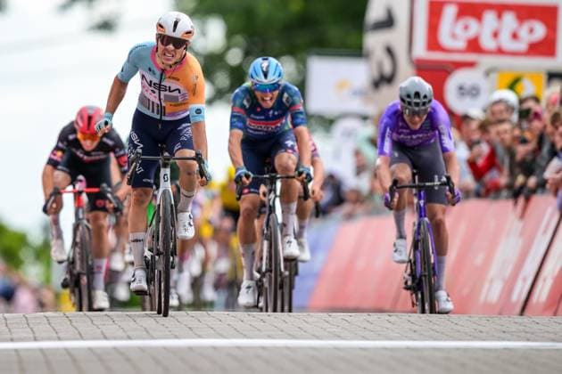 New Zealander Corbin Strong of NSN Cycling Team celebrates as he crosses the finish line to win the Circuit Franco-Belge cycling race, 195,6 km from Tournai to Mont-de-l Enclus, stage 6 (out of 9) of the Lotto Cycling Cup, on Wednesday 10 June 2026. DAVIDxPINTENS  x177032405x