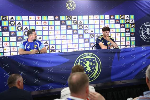 Aaron Hickey of Scotland Scotland Training Session and press conference, PK, Pressekonferenz 2026 FIFA World Cup, WM, Weltmeisterschaft, Fussball Football, Atrium Health Performance Park, Charlotte, USA - 10 Jun 2026Charlotte Atrium Health Performance Park United States of America EDITORIAL USE ONLY No use with unauthorised audio, video, data, fixture lists, club league logos or live services. Online in-match use limited to 120 images, no video emulation. No use in betting, games or single club league player publications.  Copyright: xMichaelxZemanek Shutterstockx 16919987co