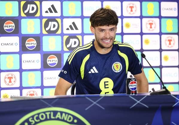 Aaron Hickey of Scotland Scotland Training Session and press conference, PK, Pressekonferenz 2026 FIFA World Cup, WM, Weltmeisterschaft, Fussball Football, Atrium Health Performance Park, Charlotte, USA - 10 Jun 2026Charlotte Atrium Health Performance Park United States of America EDITORIAL USE ONLY No use with unauthorised audio, video, data, fixture lists, club league logos or live services. Online in-match use limited to 120 images, no video emulation. No use in betting, games or single club league player publications.  Copyright: xMichaelxZemanek Shutterstockx 16919987cr