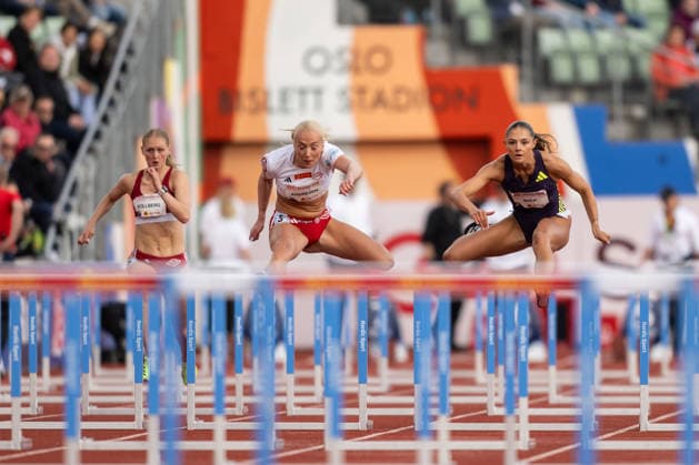 260610 Lovise Andresen Skarbovik of Norway and Elea Jorstad Bock of Norway compete in women™s 100 meter hurdles national final during the Diamond League athletics competition Bislett Games on June 10, 2026 in Oslo. Photo: Marius Simensen BILDBYRAN COP 238 MM0071 bbeng friidrett friidrott athletics diamond league bislett games 2026 bislett games norge norway