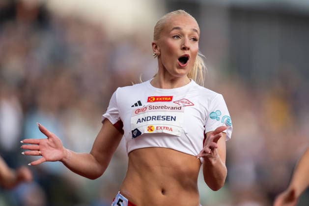 260610 Lovise Andresen Skarbovik of Norway celebrates after women™s 100 meter hurdles national final during the Diamond League athletics competition Bislett Games on June 10, 2026 in Oslo. Photo: Marius Simensen BILDBYRAN COP 238 MM0071 bbeng friidrett friidrott athletics diamond league bislett games 2026 bislett games norge norway jubel
