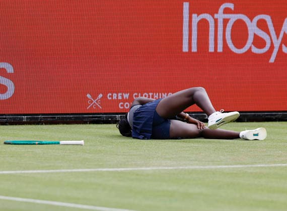 RECORD DATE NOT STATED 10th June 2026; HSBC Championships, Queens Club, West Kensington, London, England; HSBC Championships Tennis, Day One; Victoria Mboko (CAN) slips in the match against Karolina Pliskova (CZE) HongboxChen