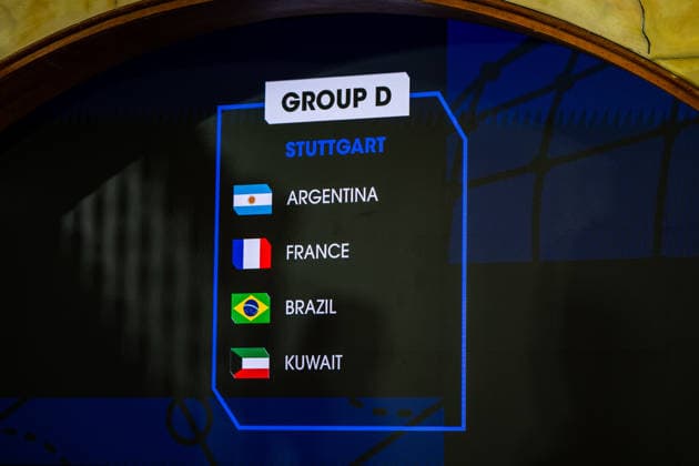 FINAL DRAW IHF MensÂ s Handball World Championship, WM, Weltmeisterschaft Germany 2027; 10.06.2026 Im Hofbräuhaus in München findet heute die finale Gruppenauslosung für die Handball WM 2027 statt - im Bild die Gruppe der Franzosen - GRUPPE D mit Arentinia, France, Brazil und Kuwait