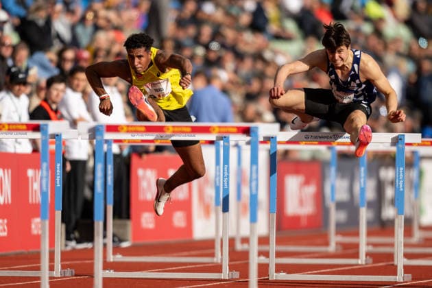 260610 Philip Reed of Norway and Oscar Ellingsen of Norway compete in men™s 110 meter hurdles national final during the Diamond League athletics competition Bislett Games on June 10, 2026 in Oslo. Photo: Marius Simensen BILDBYRAN COP 238 MM0071 bbeng friidrett friidrott athletics diamond league bislett games 2026 bislett games norge norway