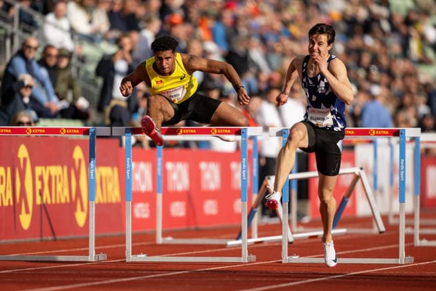 260610 Philip Reed of Norway and Oscar Ellingsen of Norway compete in men™s 110 meter hurdles national final during the Diamond League athletics competition Bislett Games on June 10, 2026 in Oslo. Photo: Marius Simensen BILDBYRAN COP 238 MM0071 bbeng friidrett friidrott athletics diamond league bislett games 2026 bislett games norge norway