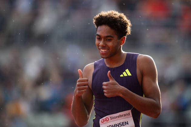 260610 Anthony Ommundsen Johnsen of Norway after men™s 110 meter hurdles national final during the Diamond League athletics competition Bislett Games on June 10, 2026 in Oslo. Photo: Marius Simensen BILDBYRAN COP 238 MM0071 bbeng friidrett friidrott athletics diamond league bislett games 2026 bislett games norge norway jubel