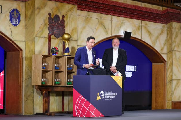 Andreas Michelmann (DHB-Praesident) mit Pascal Jenny (Vorstand IHF), GER, Auslosung zur IHF Handball-Weltmeisterschaft der Maenner 2027, 10.06.2026, GER, Auslosung zur IHF Handball-Weltmeisterschaft der Maenner 2027, 10.06.2026 Muenchen
