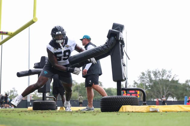 JACKSONVILLE, FL - JUNE 10: Jacksonville Jaguars defensive end Quindarius Dunnigan (59) works on a drill during Minicamp on June 10, 2026 at Miller Electric Center in Jacksonville, Fl. (Photo by David Rosenblum Icon Sportswire) NFL, American Football Herren, USA JUN 10 Jacksonville Jaguars Minicamp EDITORIAL USE ONLY Icon260610161994