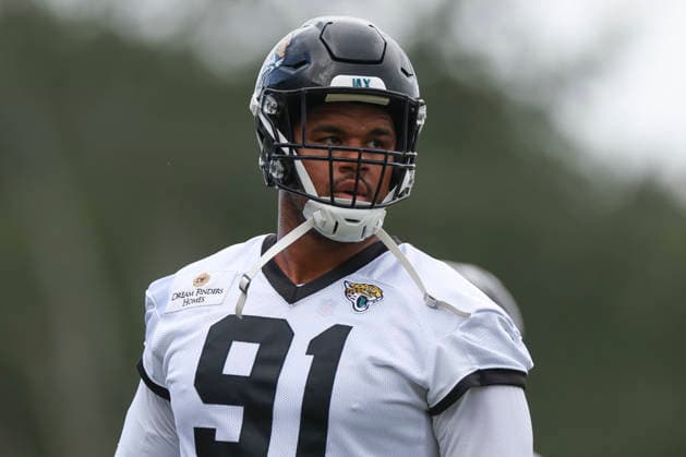 JACKSONVILLE, FL - JUNE 10: Jacksonville Jaguars defensive tackle Arik Armstead (91) during Minicamp on June 10, 2026 at Miller Electric Center in Jacksonville, Fl. (Photo by David Rosenblum Icon Sportswire) NFL, American Football Herren, USA JUN 10 Jacksonville Jaguars Minicamp EDITORIAL USE ONLY Icon260610162264