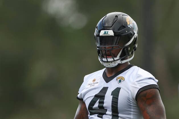 JACKSONVILLE, FL - JUNE 10: Jacksonville Jaguars defensive end Josh Hines-Allen (41) during Minicamp on June 10, 2026 at Miller Electric Center in Jacksonville, Fl. (Photo by David Rosenblum Icon Sportswire) NFL, American Football Herren, USA JUN 10 Jacksonville Jaguars Minicamp EDITORIAL USE ONLY Icon260610162267