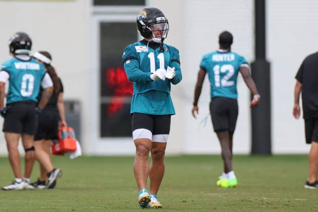JACKSONVILLE, FL - JUNE 10: Jacksonville Jaguars wide receiver Parker Washington (11) during Minicamp on June 10, 2026 at Miller Electric Center in Jacksonville, Fl. (Photo by David Rosenblum Icon Sportswire) NFL, American Football Herren, USA JUN 10 Jacksonville Jaguars Minicamp EDITORIAL USE ONLY Icon260610162575