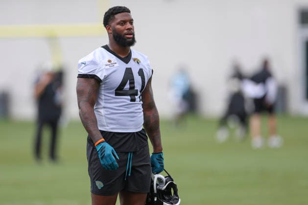 JACKSONVILLE, FL - JUNE 10: Jacksonville Jaguars defensive end Josh Hines-Allen (41) during Minicamp on June 10, 2026 at Miller Electric Center in Jacksonville, Fl. (Photo by David Rosenblum Icon Sportswire) NFL, American Football Herren, USA JUN 10 Jacksonville Jaguars Minicamp EDITORIAL USE ONLY Icon260610162715