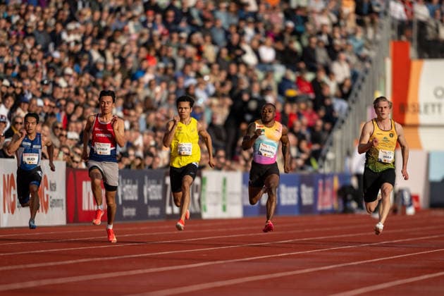 260610 Markus Le Fjeld, Per Fremstad-Waldron, Salum Kashafali and Jacob Vaula of Norway compete in men™s 100 meter national final during the Diamond League athletics competition Bislett Games on June 10, 2026 in Oslo. Photo: Marius Simensen BILDBYRAN COP 238 MM0071 bbeng friidrett friidrott athletics diamond league bislett games 2026 bislett games norge norway