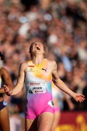 260610 Henriette Jaeger of Norway after women™s 400 meter final during the Diamond League athletics competition Bislett Games on June 10, 2026 in Oslo. Photo: Marius Simensen BILDBYRAN COP 238 MM0071 bbeng friidrett friidrott athletics diamond league bislett games 2026 bislett games norge norway jubel