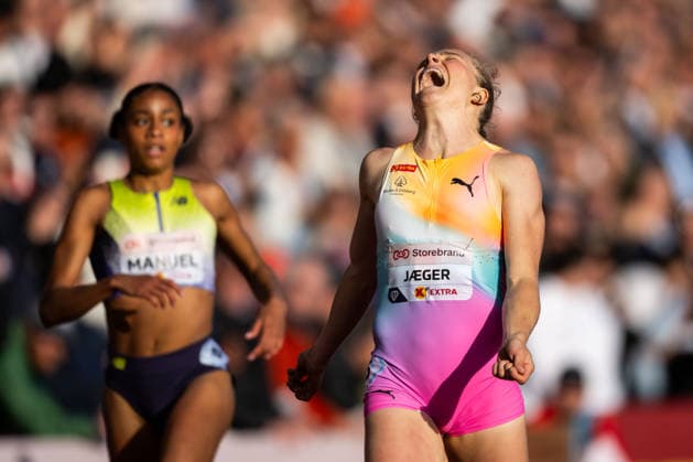 260610 Henriette Jaeger of Norway after women™s 400 meter final during the Diamond League athletics competition Bislett Games on June 10, 2026 in Oslo. Photo: Marius Simensen BILDBYRAN COP 238 MM0071 bbeng friidrett friidrott athletics diamond league bislett games 2026 bislett games norge norway jubel