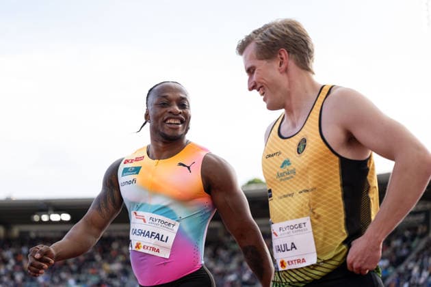 260610 Salum Kashafali and Jacob Vaula of Norway after competing in men™s 100 meter national final during the Diamond League athletics competition Bislett Games on June 10, 2026 in Oslo. Photo: Marius Simensen BILDBYRAN COP 238 MM0071 bbeng friidrett friidrott athletics diamond league bislett games 2026 bislett games norge norway