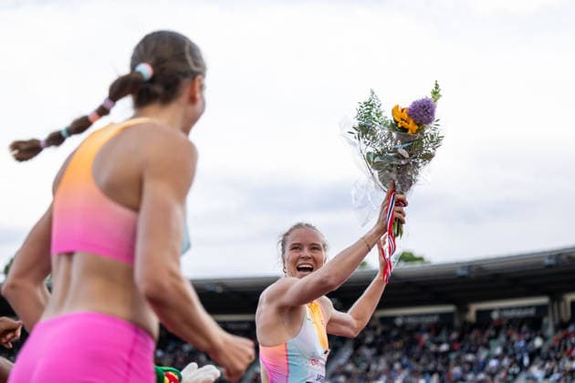 260610 Henriette Jaeger of Norway celebrates after women™s 400 meter final during the Diamond League athletics competition Bislett Games on June 10, 2026 in Oslo. Photo: Marius Simensen BILDBYRAN COP 238 MM0071 bbeng friidrett friidrott athletics diamond league bislett games 2026 bislett games norge norway jubel