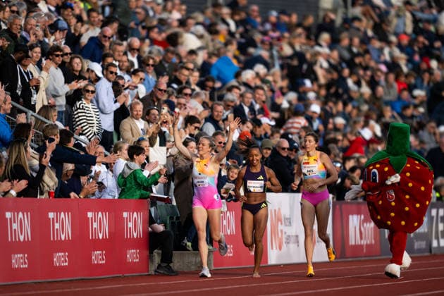 260610 Henriette Jaeger of Norway celebrates with Astri Ertzgaard and Josefine Aks of Norway after women™s 400 meter final during the Diamond League athletics competition Bislett Games on June 10, 2026 in Oslo. Photo: Marius Simensen BILDBYRAN COP 238 MM0071 bbeng friidrett friidrott athletics diamond league bislett games 2026 bislett games norge norway jubel