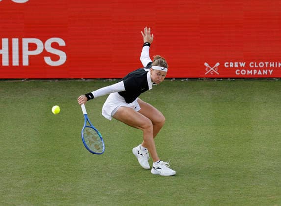 RECORD DATE NOT STATED 10th June 2026; HSBC Championships, Queens Club, West Kensington, London, England; HSBC Championships Tennis, Day One; Marie Bouzkova (CZE) plays a backhand shot against Donna Vekic (CRO) HongboxChen