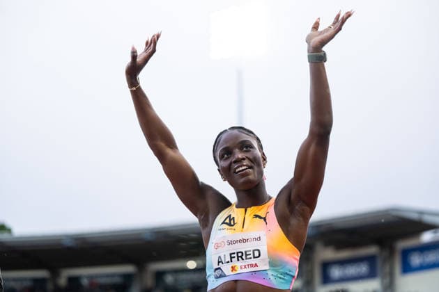 260610 Julien Alfred of Saint Lucia celebrates after women™s 100 meter final during the Diamond League athletics competition Bislett Games on June 10, 2026 in Oslo. Photo: Marius Simensen BILDBYRAN COP 238 MM0071 bbeng friidrett friidrott athletics diamond league bislett games 2026 bislett games norge norway jubel