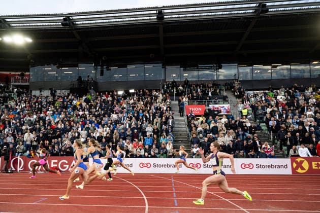 260610 General view of women™s 100 meter final during the Diamond League athletics competition Bislett Games on June 10, 2026 in Oslo. Photo: Jon Olav Nesvold BILDBYRAN COP 217 MM0071 bbeng friidrett friidrott athletics diamond league bislett games 2026 bislett games norge norway Helene Ronningen of Norway