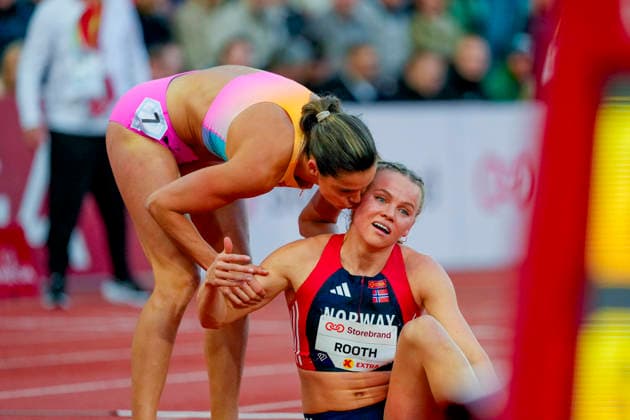 Athletics Bislett Games 2026 Oslo 20260610 Amalie Iuel and Andrea Rooth after the Diamond League womens 400m hurdles event at the Bislett Games at Bislett Stadium in Oslo Photo Beate Oma Dahle NTB Oslo Norway EDITORIAL USE ONLY RESTRICTED USE FOR BETTING COMPANIES  Copyright: xBeatexOmaxDahlex xNTBx