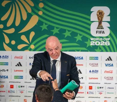 Fußball, Herren, Saison 2025 26, FIFA Word Cup 2026 in Mexiko, Kanada und USA, Mexiko-City ein Tag (Ortszeit) vor dem Eröffnungsspiel, im Bild: Pressekonferenz mit FIFA-Präsident Gianni Infantino im Medienzentrum im Aztekenstadion, 10.06. 2026,