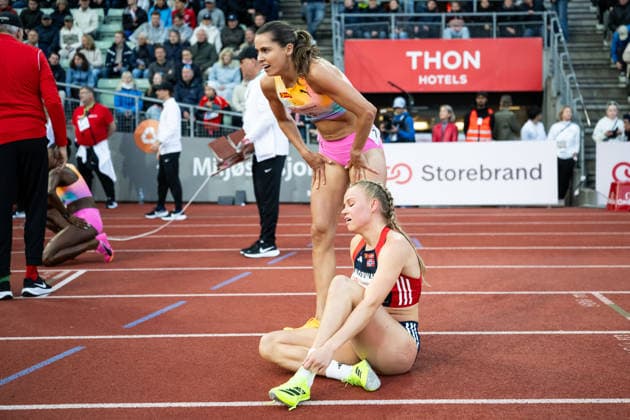 260610 Amalie Iuel and Andrea Rooth of Norway after women™s 400 meter hurdles during the Diamond League athletics competition Bislett Games on June 10, 2026 in Oslo. Photo: Jon Olav Nesvold BILDBYRAN COP 217 MM0071 bbeng friidrett friidrott athletics diamond league bislett games 2026 bislett games norge norway