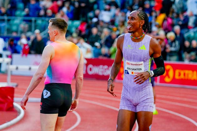 Athletics Bislett Games 2026 Oslo 20260610 Alison dos Santos from Brazil defeated Karsten Warholm in the Diamond League mens 400m hurdles under Photo Heiko Junge NTB Oslo Norway EDITORIAL USE ONLY RESTRICTED USE FOR BETTING COMPANIES  Copyright: xHeikoxJungex xNTBx