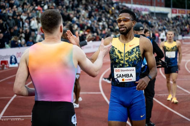 260610 Karsten Warholm of Norway and Abderrahman Samba of Qatar after men™s 400 meter hurdles during the Diamond League athletics competition Bislett Games on June 10, 2026 in Oslo. Photo: Jon Olav Nesvold BILDBYRAN COP 217 MM0071 bbeng friidrett friidrott athletics diamond league bislett games 2026 bislett games norge norway