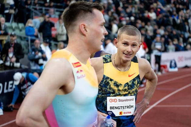 260610 Karsten Warholm of Norway and Carl Bengtström of Sweden after men™s 400 meter hurdles during the Diamond League athletics competition Bislett Games on June 10, 2026 in Oslo. Photo: Jon Olav Nesvold BILDBYRAN COP 217 MM0071 bbeng friidrett friidrott athletics diamond league bislett games 2026 bislett games norge norway