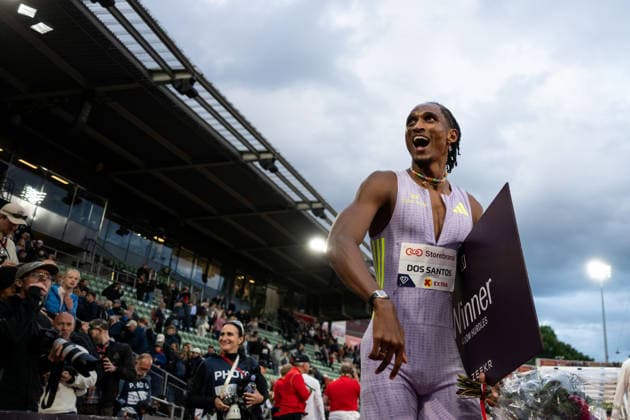 260610 Alison dos Santos of Brazil celebrates after men™s 400 meter hurdles during the Diamond League athletics competition Bislett Games on June 10, 2026 in Oslo. Photo: Marius Simensen BILDBYRAN COP 238 MM0071 bbeng friidrett friidrott athletics diamond league bislett games 2026 bislett games norge norway jubel