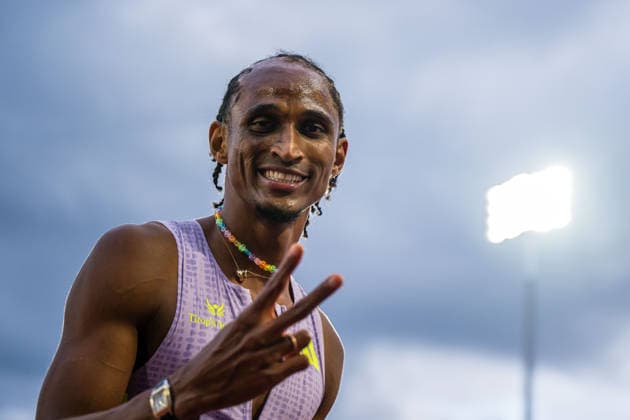 260610 Alison dos Santos of Brazil celebrates after men™s 400 meter hurdles during the Diamond League athletics competition Bislett Games on June 10, 2026 in Oslo. Photo: Marius Simensen BILDBYRAN COP 238 MM0071 athletics bbeng bislett games bislett games 2026 diamond league friidrett friidrott jubel norge norway