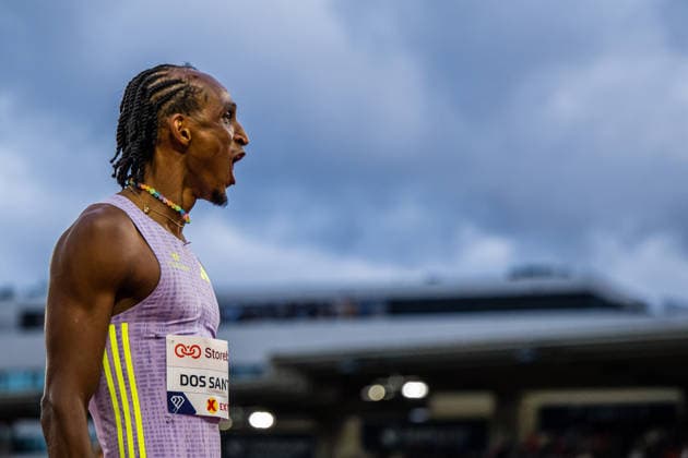 260610 Alison dos Santos of Brazil celebrates after men™s 400 meter hurdles during the Diamond League athletics competition Bislett Games on June 10, 2026 in Oslo. Photo: Marius Simensen BILDBYRAN COP 238 MM0071 athletics bbeng bislett games bislett games 2026 diamond league friidrett friidrott jubel norge norway