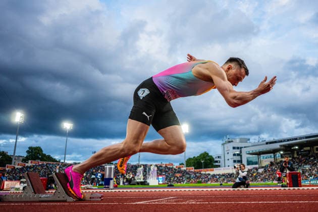 260610 Karsten Warholm of Norway competes in men™s 400 meter hurdles during the Diamond League athletics competition Bislett Games on June 10, 2026 in Oslo. Photo: Marius Simensen BILDBYRAN COP 238 MM0071 athletics bbeng bislett games bislett games 2026 diamond league friidrett friidrott norge norway